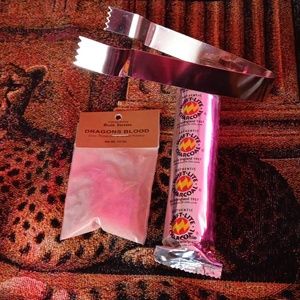 Dragon's Blood incense resin, charcoal with tongs set